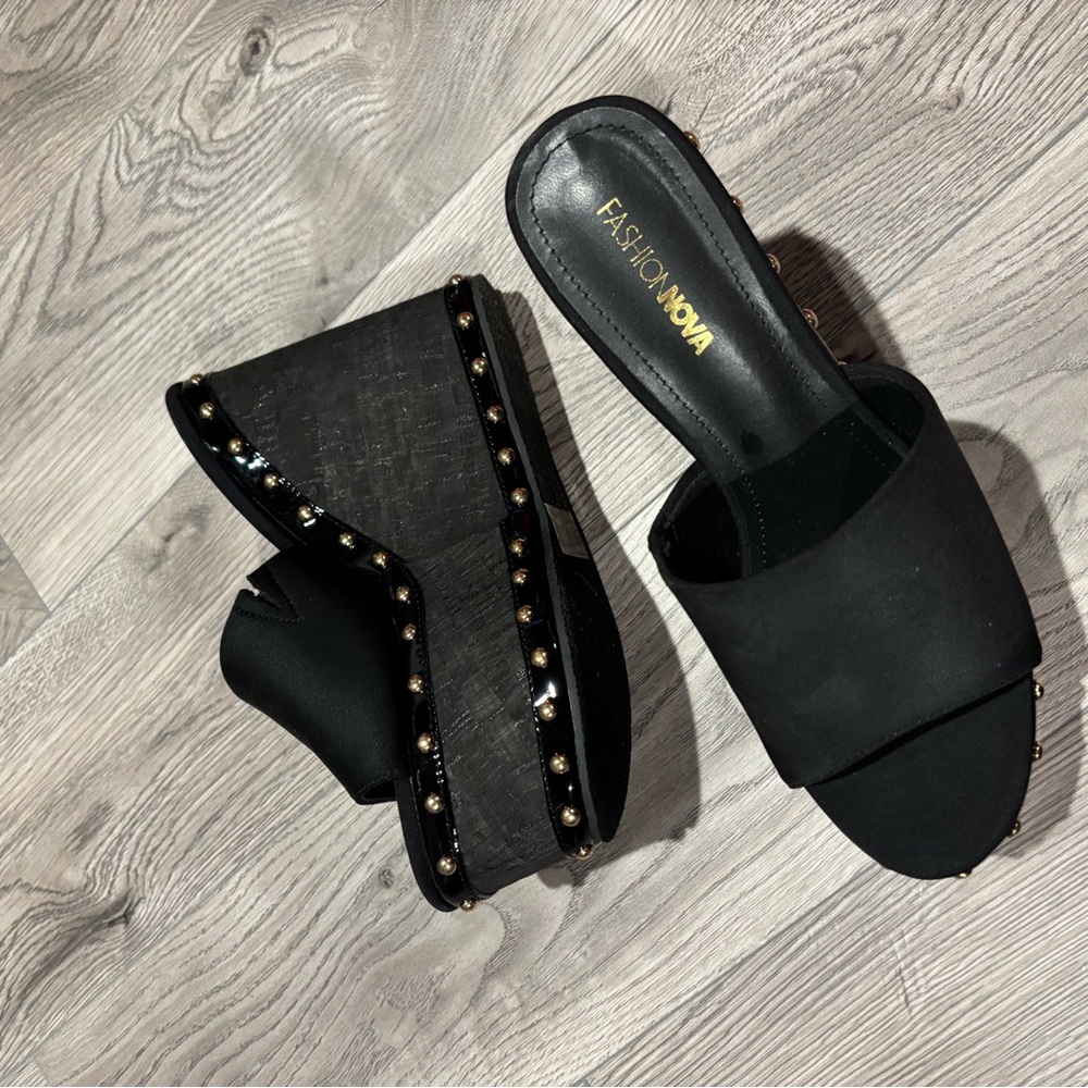 Fashion Nova Black Wedge Sandals with Studs